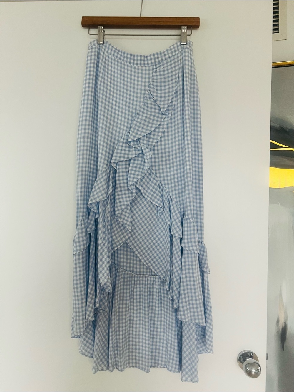 BB Dakota Light Blue Gingham High-Low Ruffle Skirt